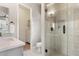 Bathroom features a gray vanity with white countertop, a shower behind a glass door and an open closet at 3648 E Fargo St, Mesa, AZ 85205