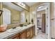 Bathroom features a double vanity, a large mirror, and a view into the tiled shower at 4050 N Terra Mesa Cir, Mesa, AZ 85207