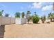 Spacious backyard featuring desert landscaping, privacy fencing, a storage shed, mature trees, and cacti at 511 E Calavar Rd, Phoenix, AZ 85022