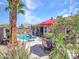 Backyard oasis featuring a swimming pool, patio seating, palm trees, and desert plants at 230 S 122Nd Ln, Avondale, AZ 85323
