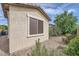 Exterior angle showing stucco wall with a window and desert landscaping featuring native plants and gravel at 266 N Piedra Way, Mesa, AZ 85207