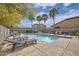 Community pool area with lounge chairs, palm trees, and well-maintained landscaping at 266 N Piedra Way, Mesa, AZ 85207