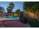 Backyard pool oasis with mature palm trees, waterfall feature, and comfortable seating area creating a relaxing retreat at 19115 N 71St Dr, Glendale, AZ 85308