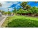 Spacious backyard featuring a lush lawn, mature trees, patio seating, and colorful mural on the wall at 4317 E Yucca St, Phoenix, AZ 85028