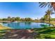 Picturesque community pond featuring a fountain, palm trees, and well-maintained grassy banks at 7236 W Aurora Dr, Glendale, AZ 85308