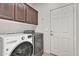 Convenient laundry room equipped with a modern, front-load washer and dryer and upper cabinets for storage at 11040 E Nichols Ave, Mesa, AZ 85209