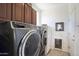 Laundry room featuring front load washer and dryer with storage cabinets above and an exterior door at 3649 E Hutchins Ct, Gilbert, AZ 85295