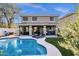 Beautiful backyard featuring a refreshing pool, covered patio with seating, and manicured lawn for ultimate relaxation and enjoyment at 5919 S Banning St, Gilbert, AZ 85298