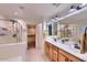 Bathroom featuring double sinks, wooden cabinets, stand-up shower, and walk-in closet at 6570 S Pewter Way, Chandler, AZ 85249