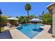 Sparkling pool with surrounding patio, umbrellas, and comfortable seating area at 6570 S Pewter Way, Chandler, AZ 85249