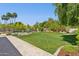 Expansive backyard with a grassy lawn, mature landscaping, and a view of the fenced pool at 7508 E Aster Dr, Scottsdale, AZ 85260