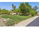 Spacious backyard featuring a lush lawn, mature trees, and a stone paver walkway at 7508 E Aster Dr, Scottsdale, AZ 85260