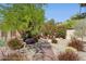 Charming backyard patio with wood chairs and mature plants creates a serene outdoor space at 7508 E Aster Dr, Scottsdale, AZ 85260