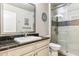 Well-lit bathroom featuring granite countertop, white cabinets, and a glass door shower at 7601 E Indian Bend Rd # 3002, Scottsdale, AZ 85250