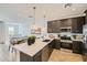 Open-concept kitchen with a large island, stainless steel appliances, dark cabinetry, and modern pendant lighting at 8149 E Petunia Ave # 1013, Mesa, AZ 85212