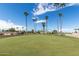 Golf course fairway lined with palm trees under a bright blue sky at 8337 E Desert Trl, Mesa, AZ 85208