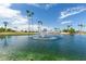 Community pond with a fountain surrounded by mature palm trees under a blue sky with scattered clouds at 8337 E Desert Trl, Mesa, AZ 85208