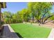 Spacious backyard with artificial turf, mature trees, and desert landscaping behind a fence at 14208 W Larkspur Dr, Surprise, AZ 85379