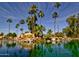 Sun Village community entrance framed by lush palm trees and a serene lake at 17162 N Winding Trl, Surprise, AZ 85374