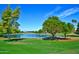 Scenic view of a pond with fountains surrounded by green grass and mature trees at 17162 N Winding Trl, Surprise, AZ 85374