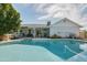 Inviting backyard featuring a sparkling pool, covered patio, and lush greenery, perfect for relaxation and outdoor entertainment at 1810 N Sunaire Cir, Mesa, AZ 85205