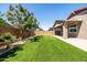 A clean backyard with artificial grass, a patio, and trees, perfect for outdoor activities and relaxation at 9837 E Tiburon Ave, Mesa, AZ 85212