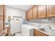 Efficient laundry room equipped with wooden cabinets, a utility sink, and modern washer and dryer at 1739 E Knox Rd, Tempe, AZ 85284