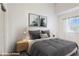 Bright bedroom showcasing leafy prints above a bed, complemented by a window with sheer curtains and minimalist nightstands at 510 N Alma School Rd # 139, Mesa, AZ 85201