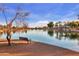 Picturesque lake view with a bench in the foreground and covered picnic structures in the background at 722 N Butte Ave, Chandler, AZ 85226