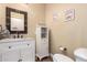 Charming powder room with decorative mirror, white vanity, coastal decor, and wood-look floors at 2406 E Oakland St, Chandler, AZ 85225
