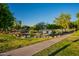 Scenic view of neighborhood pond, mature trees, and walking path at 4337 S Helix --, Mesa, AZ 85212