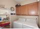 A practical laundry room with wooden cabinets, shelving, and white washer and dryer at 2614 W Fawn Dr, Phoenix, AZ 85041