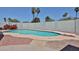 Backyard swimming pool featuring a diving board, red rock landscaping, and mature palm trees at 9851 N 28Th Way, Phoenix, AZ 85028