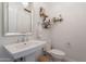 Clean powder room with a pedestal sink, decorative mirror, and neatly organized shelves at 10532 N 79Th St, Scottsdale, AZ 85258