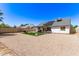 Vast gravel backyard with a covered patio, artificial turf, and residential views at 19413 N 8Th St, Phoenix, AZ 85024