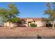 Single-story residence featuring a manicured front yard with mature trees and brick accents at 23717 N Mustang Way, Florence, AZ 85132
