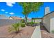 Large backyard featuring an open patio, desert landscaping, and mature trees for shade, creates a tranquil outdoor space at 4902 E Golden St, Mesa, AZ 85205