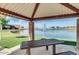 Covered picnic area overlooking a serene lake with water fountain features and a beautiful community landscape at 2070 E Saddlebrook Ct, Gilbert, AZ 85298