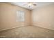 Neutral bedroom features carpet flooring, a ceiling fan, and a window for natural light at 20900 N Vista Trl, Surprise, AZ 85387