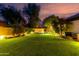 Well-lit grassy backyard with an in-ground trampoline and manicured landscaping at 2139 S Granite St, Gilbert, AZ 85295