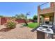 Backyard with artificial turf, decorative rock landscaping, portable basketball hoop, and covered patio at 3788 E Sexton St, Gilbert, AZ 85295