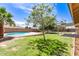 Backyard view showcasing a large, private pool surrounded by lush landscaping and a covered patio at 4107 W Campo Bello Dr, Glendale, AZ 85308