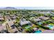 Beautiful aerial view of backyard featuring a sparkling blue pool and perfectly manicured lawn in a beautiful neighborhood at 17690 E Bronco Dr, Queen Creek, AZ 85142