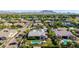Stunning aerial view of backyard featuring a sparkling blue pool and perfectly manicured lawn in a beautiful neighborhood at 17690 E Bronco Dr, Queen Creek, AZ 85142