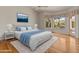Cozy main bedroom with a king bed, hardwood floors, and outdoor access at 5936 W Via Montoya Dr, Glendale, AZ 85310