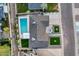 Detailed aerial perspective of a home highlighting its backyard pool, patio, and meticulous landscaping at 8117 E Lewis Ave, Scottsdale, AZ 85257