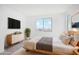 Bright bedroom featuring a sleek dresser with a TV, a cozy bed, and large windows with pleasant views at 15635 W Hackamore Dr, Surprise, AZ 85387