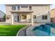 Well-maintained backyard with green artificial grass, pool and covered patio, perfect for outdoor enjoyment at 2754 E Michelle Way, Gilbert, AZ 85234