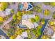 Birds-eye-view of neighborhood showcasing lush trees, walking paths, pools, spas, and mountain views at 41590 N 108Th St, Scottsdale, AZ 85262