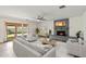 Inviting living room featuring stylish furniture, a cozy fireplace, and sliding glass doors to the backyard at 5319 E Gelding Dr, Scottsdale, AZ 85254